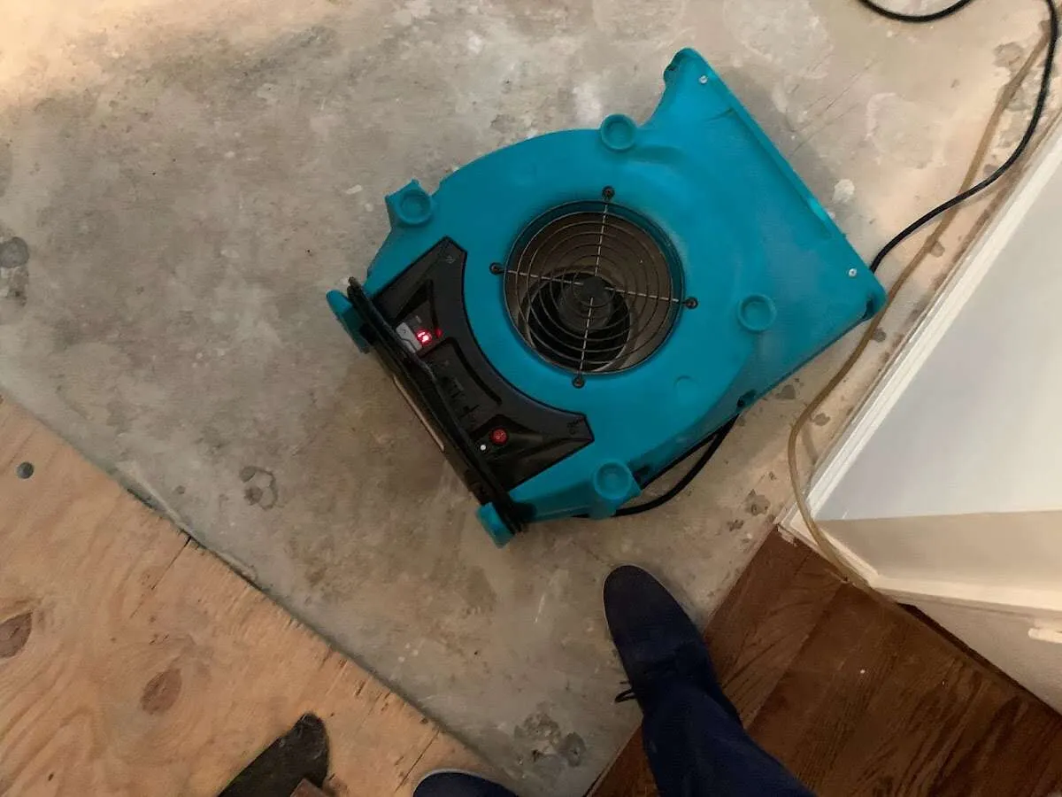 Air mover drying subfloor during Commercial Water Damage Restoration in Douglass